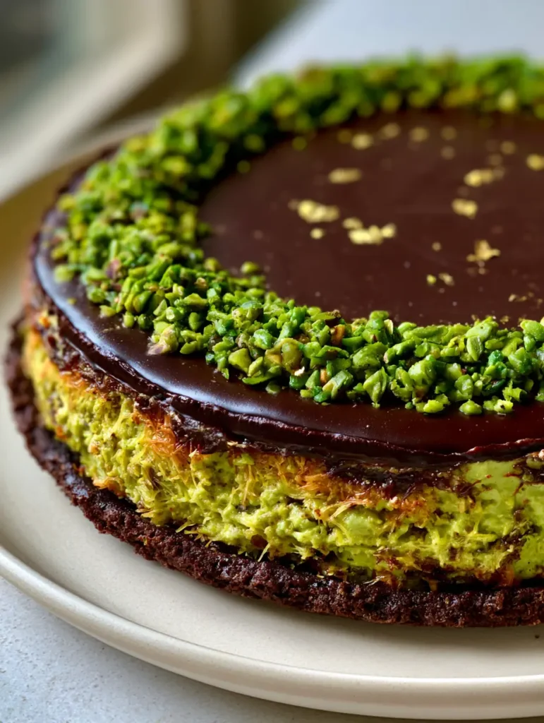 Overhead view of the Dubai Chocolate Pistachio Tart with a perfect circle of chopped pistachios and edible gold leaf decoration.