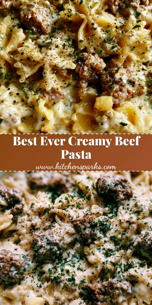 Creamy Beef Bowtie Pasta with Garlic Parmesan Cream Sauce 4 A close-up of Creamy Beef Bowtie Pasta in a white bowl showing the thick garlic parmesan sauce and browned beef crumbles.