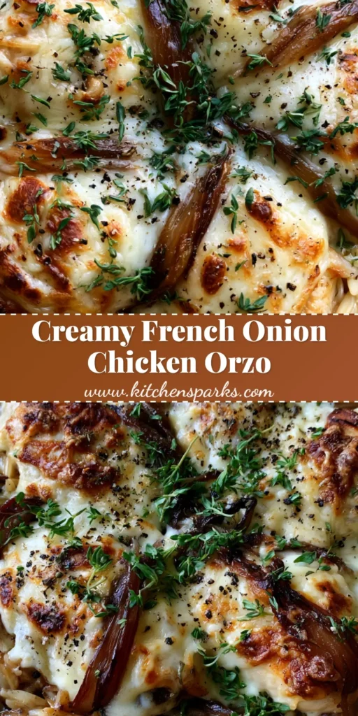 French Onion Chicken Orzo: The Ultimate One-Pan Comfort Casserole 4 A close-up shot of French Onion Chicken Orzo in a ceramic dish with melted Gruyere and fresh thyme.