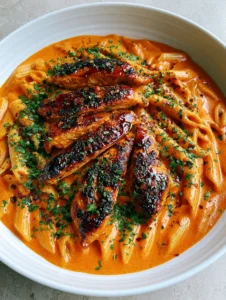 A handheld photo of Spicy Cajun Honey Butter Chicken Pasta featuring charred chicken and thick orange-red cream sauce.