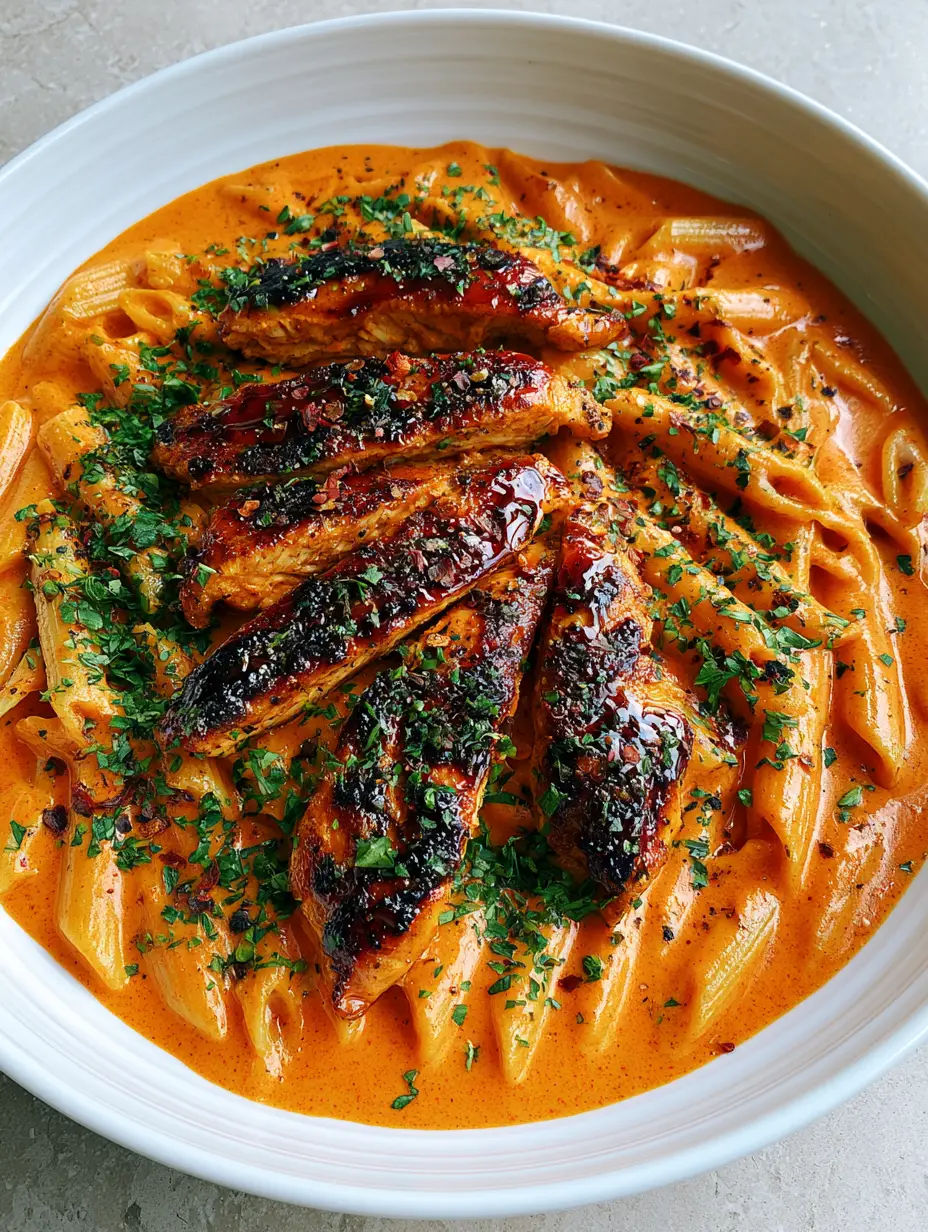 A handheld photo of Spicy Cajun Honey Butter Chicken Pasta featuring charred chicken and thick orange-red cream sauce.
