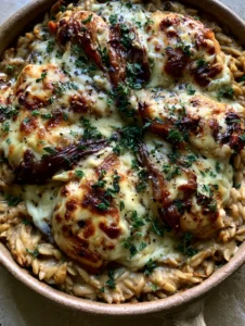Top-down view of French Onion Chicken Orzo showing charred Gruyere cheese and seared chicken breasts.