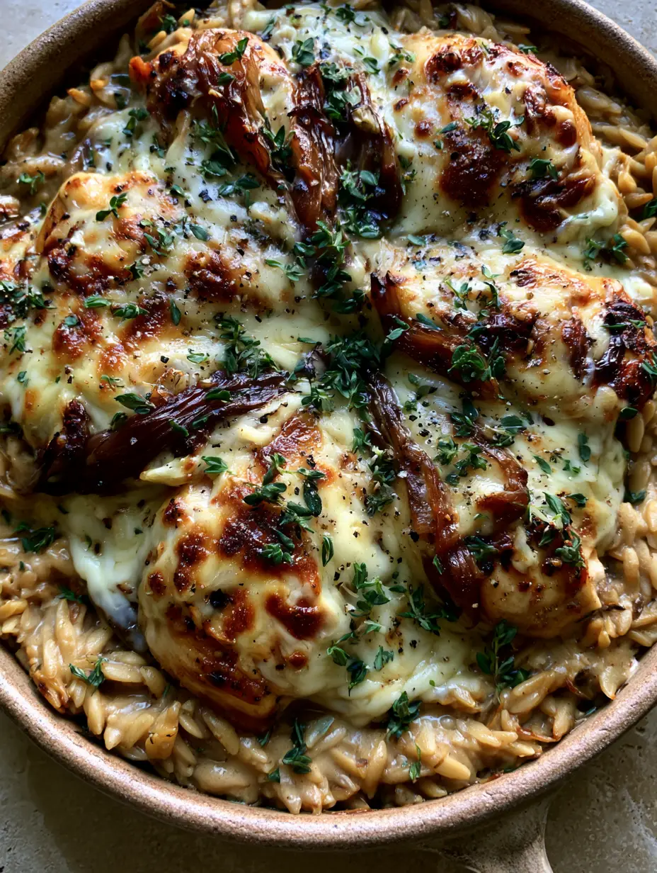 French Onion Chicken Orzo: The Ultimate One-Pan Comfort Casserole 3 Top-down view of French Onion Chicken Orzo showing charred Gruyere cheese and seared chicken breasts.