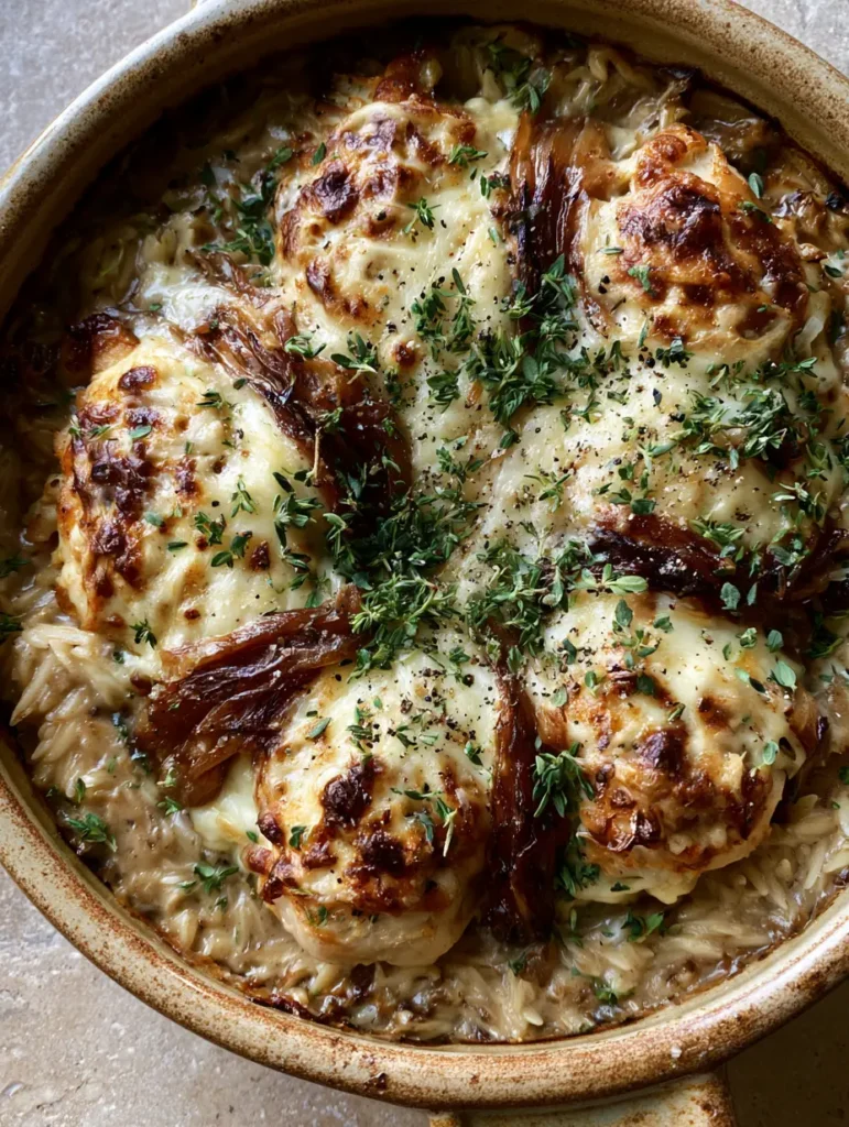 French Onion Chicken Orzo: The Ultimate One-Pan Comfort Casserole 1 Close up of the creamy texture of the French Onion Chicken Orzo under a thick layer of melted cheese.