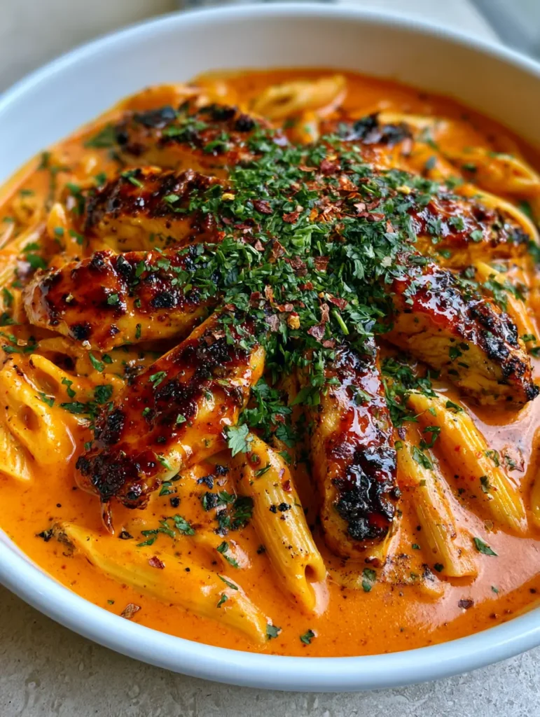 High-angle view of Spicy Cajun Honey Butter Chicken Pasta with visible cracked black pepper and parsley garnish.