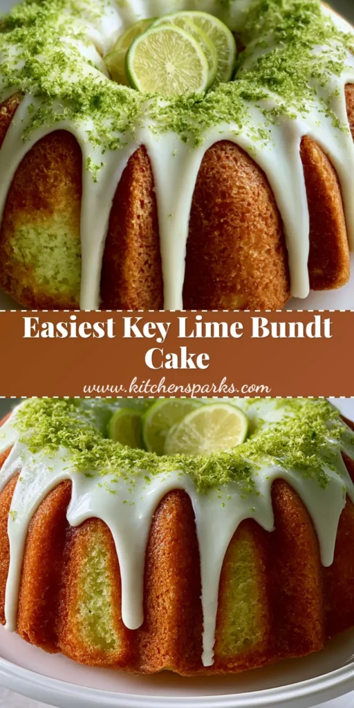 Key Lime Bundt Cake with Thick Opaque Lime Glaze 4 A vertical shot of a whole Key Lime Bundt Cake on a white stand with thick glaze and lime slices.