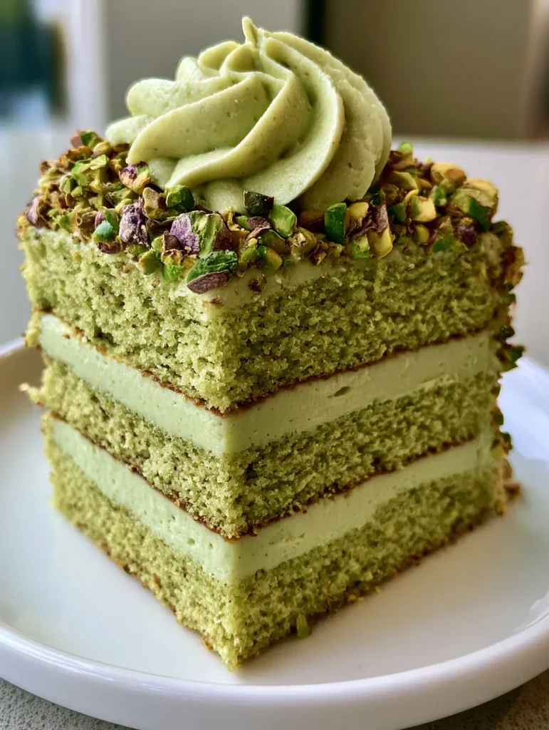 Pistachio Mascarpone Cake Filling: The Ultimate Guide to Professional Sage-Green Layers 2 Smartphone photo of a single slice of pistachio cake with three light green sponge layers and 1/2-inch thick Pistachio Mascarpone Cake Filling.
