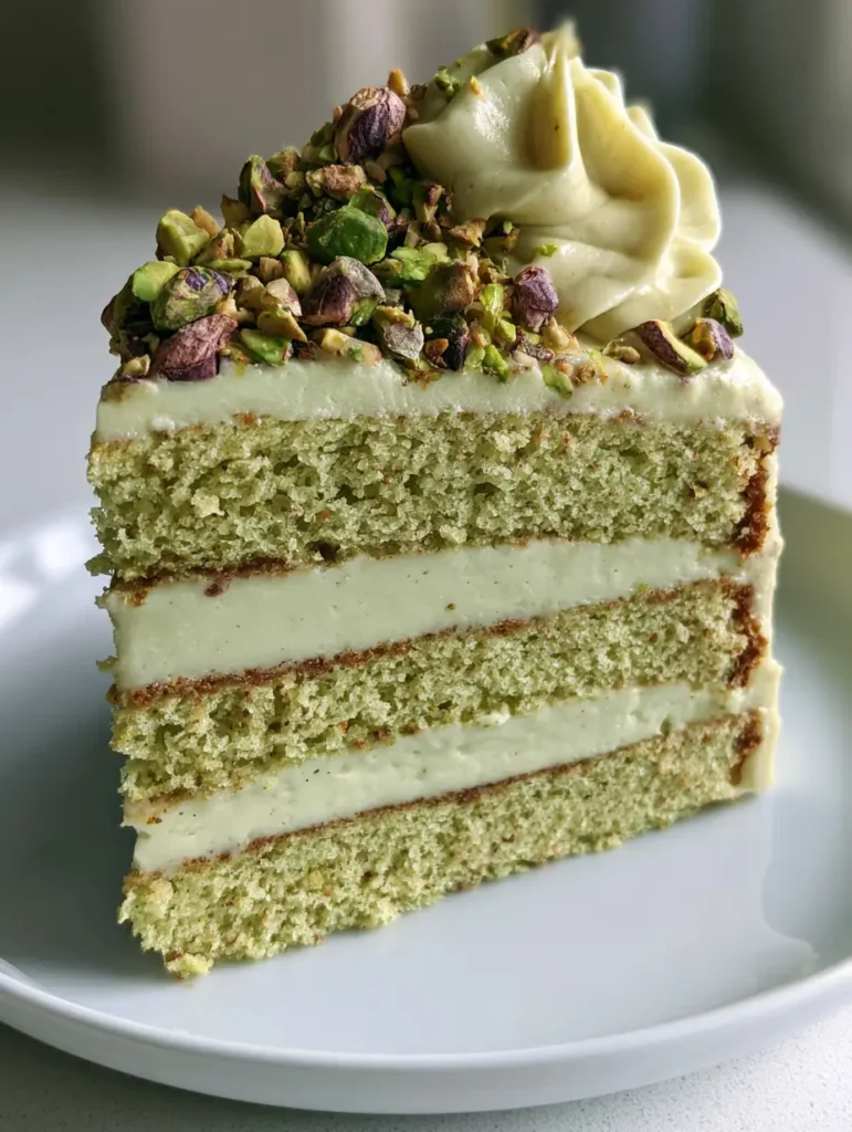 Pistachio Mascarpone Cake Filling: The Ultimate Guide to Professional Sage-Green Layers 1 Side view of a pistachio cake slice showing the dense, smooth layers of Pistachio Mascarpone Cake Filling and chopped roasted nuts.