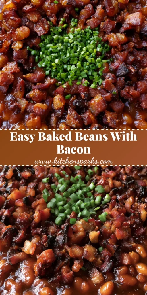 A close-up vertical shot of Baked Beans With Bacon in a cast iron skillet with a thick amber sauce and crispy bacon bits.