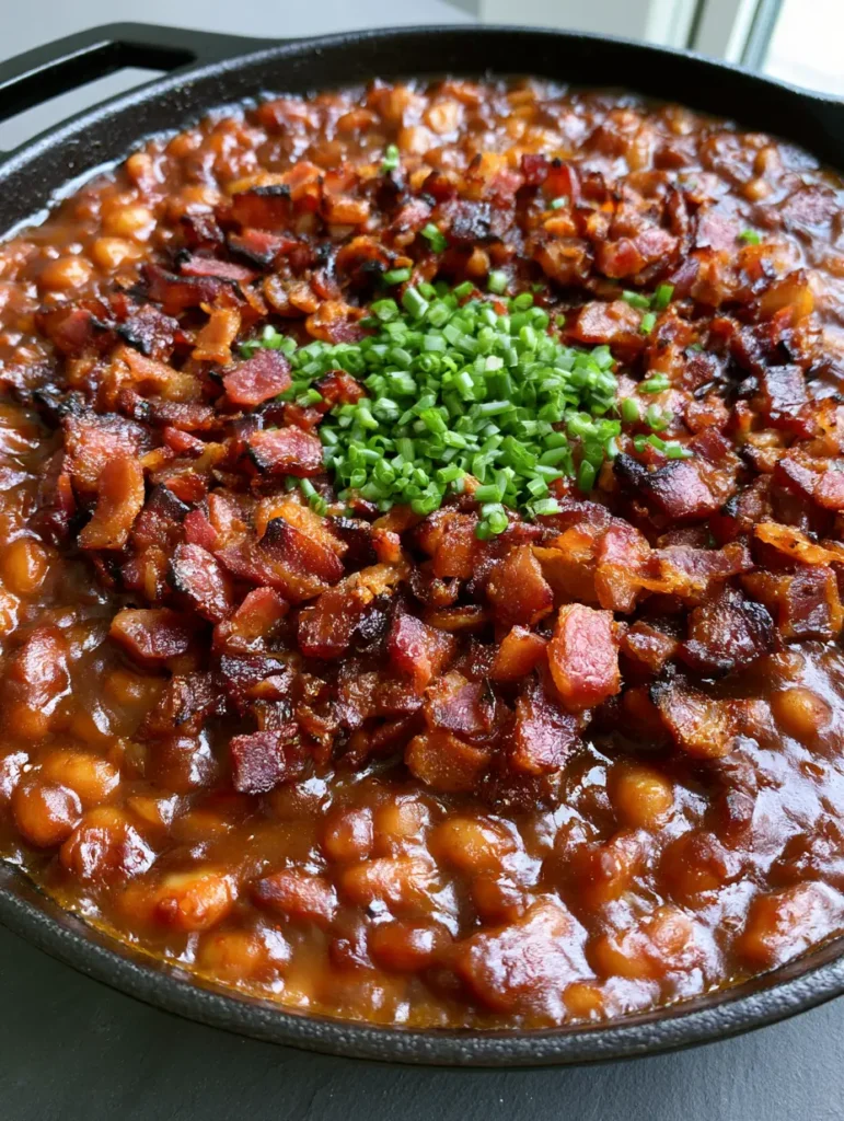 A rustic black cast iron skillet filled with Baked Beans With Bacon showing a bubbling amber-brown sauce and scallion garnish.