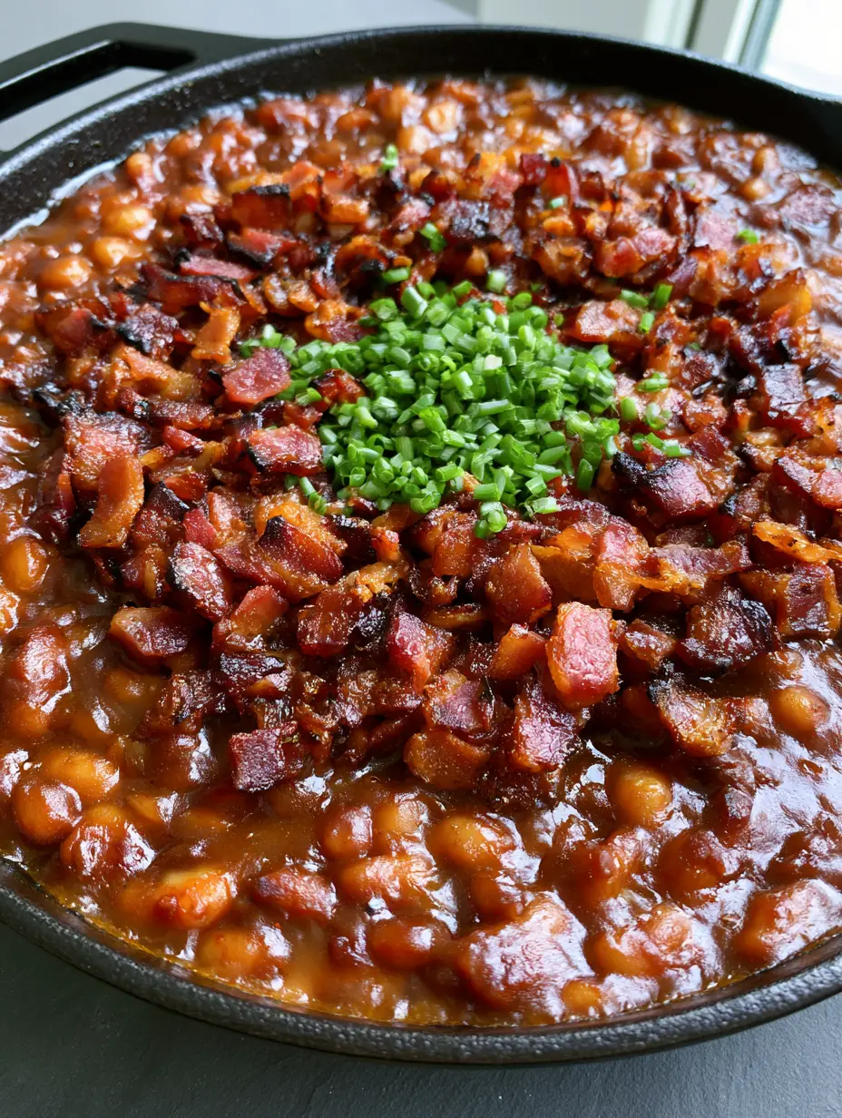 A rustic black cast iron skillet filled with Baked Beans With Bacon showing a bubbling amber-brown sauce and scallion garnish.