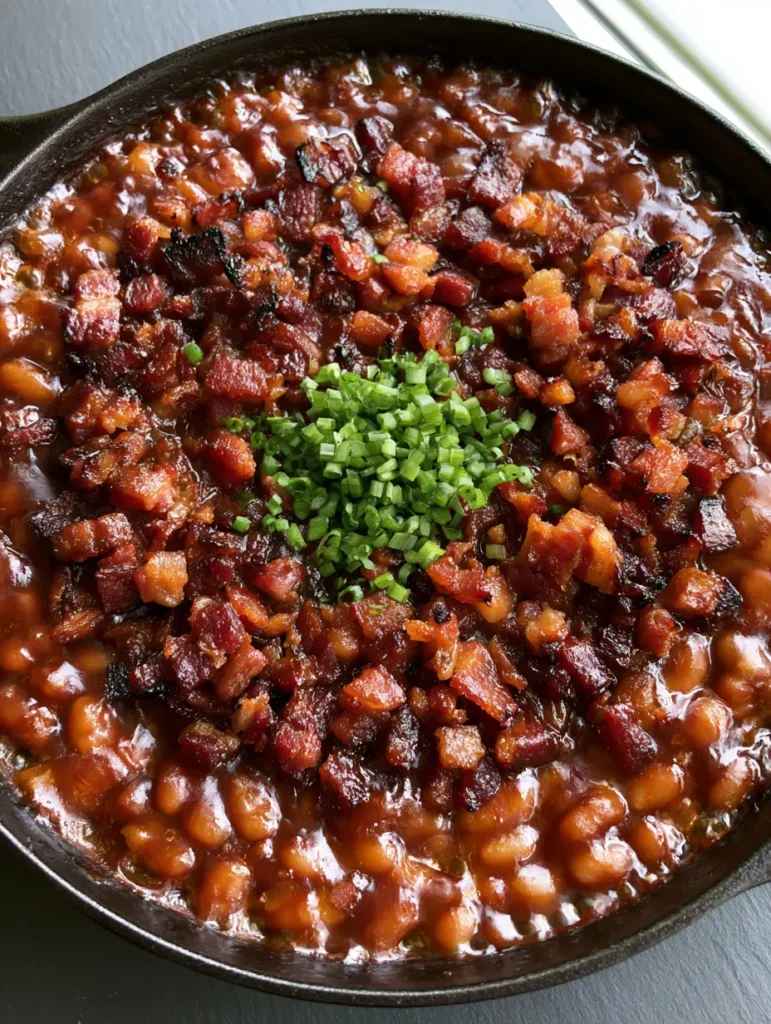 A top-down view of Baked Beans With Bacon featuring crispy golden-brown bacon pieces and a sprinkle of green scallions.