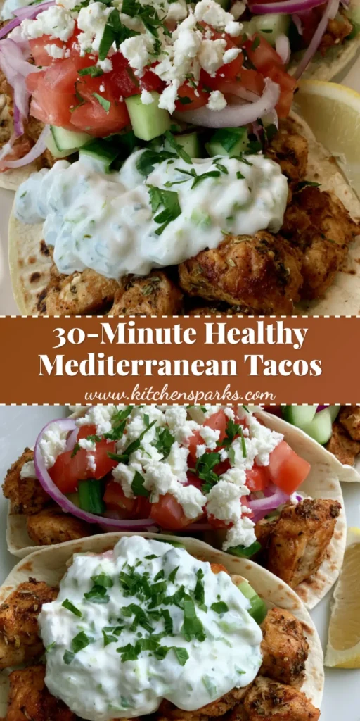 Three Mediterranean Chicken Tacos on a white plate with charred tortillas, golden seared chicken, creamy tzatziki, and fresh vegetables.