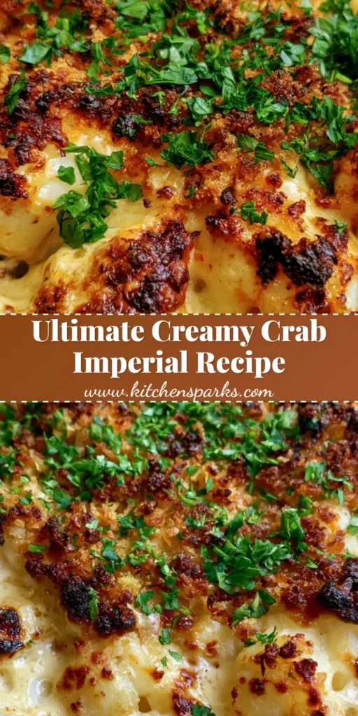 A close-up vertical shot of Creamy Crab Imperial in a handled ramekin with bubbling sauce and charred breadcrumbs.