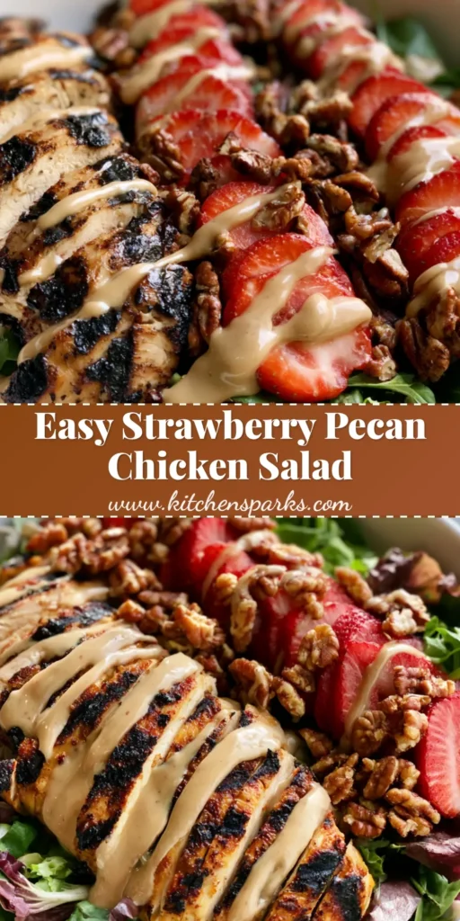 A top-down view of a Strawberry Pecan Chicken Salad in a white bowl, showing rows of grilled chicken, strawberries, and toasted pecans with a creamy dressing.
