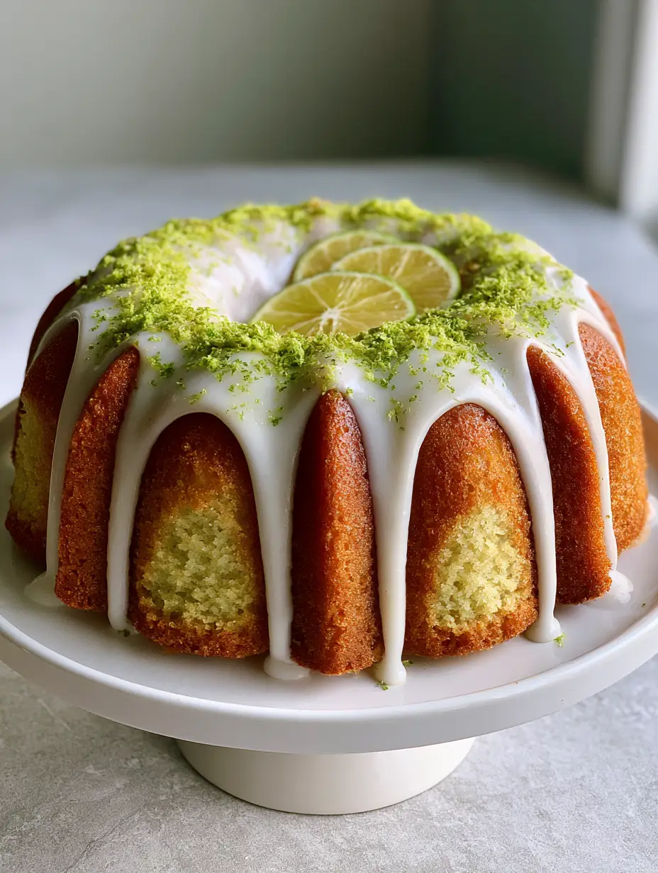 Key Lime Bundt Cake with Thick Opaque Lime Glaze 3 Handheld photo of a whole fluted Key Lime Bundt Cake with golden-brown crust and white icing.