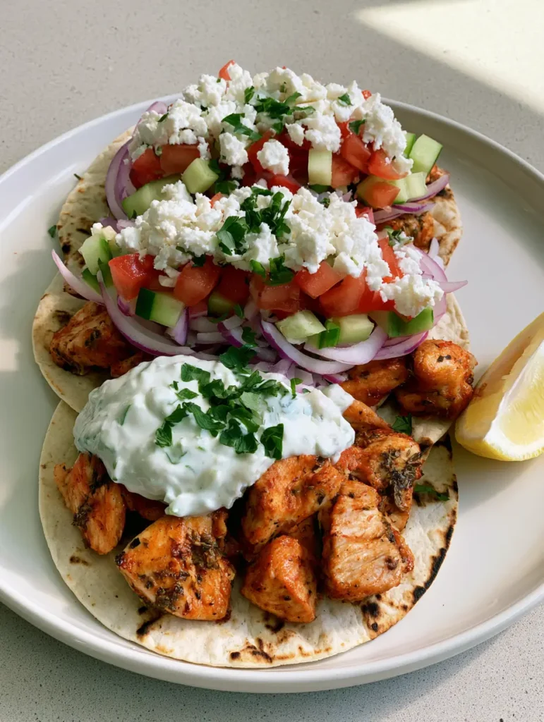 Close up handheld photo of Mediterranean Chicken Tacos showing the seared chicken texture and creamy tzatziki dollops. (Mediterranean Chicken Tacos)