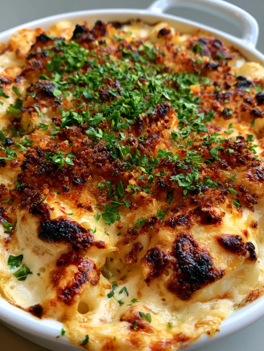 Creamy Crab Imperial bubbling in a white ceramic ramekin with fresh green parsley flakes. (Creamy Crab Imperial)