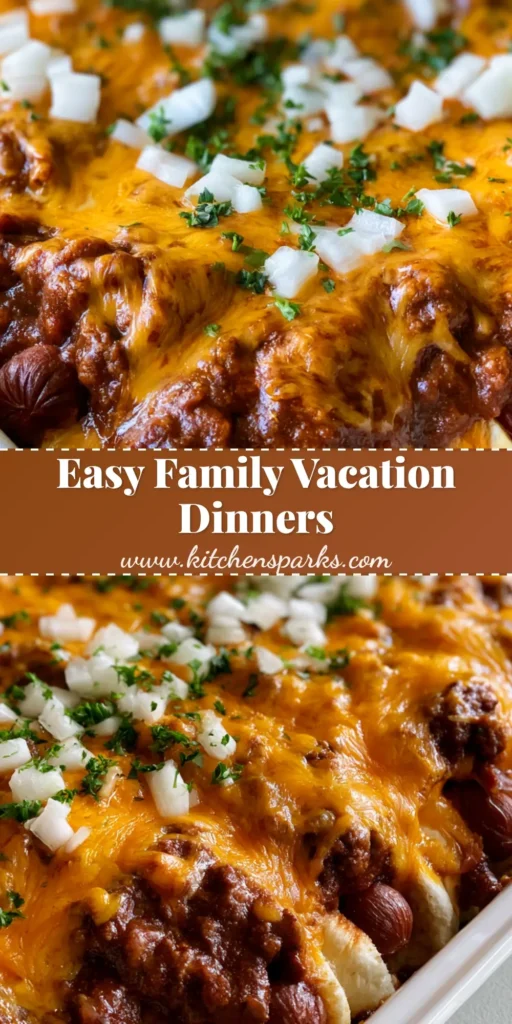 A bubbling chili cheese dog casserole in a white ceramic dish with melted cheddar and green parsley garnish. (Easy Vacation Meals)