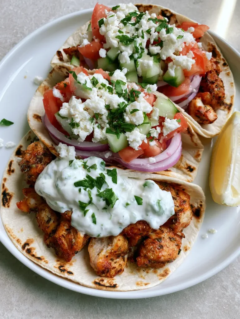 A smartphone photo of three Mediterranean Chicken Tacos arranged on a ceramic plate with a lemon wedge.