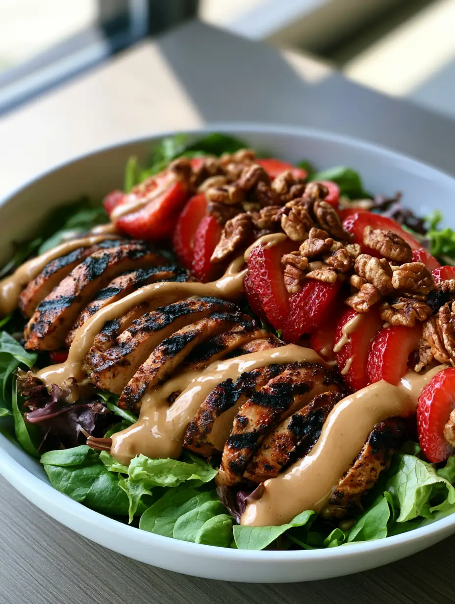 A handheld smartphone photo of a fresh strawberry pecan grilled chicken salad served in a shallow white ceramic bowl with distinct char marks on the chicken.