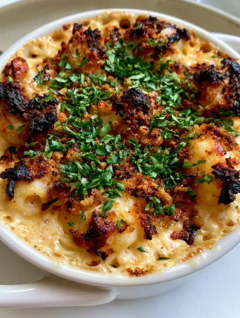 Close-up of the toasted breadcrumb topping on the Creamy Crab Imperial showing charred dark edges.