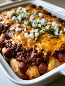 Close-up of baked beef hot dogs in buns covered in dark meat chili and bubbly orange cheddar cheese. (Easy Vacation Meals)