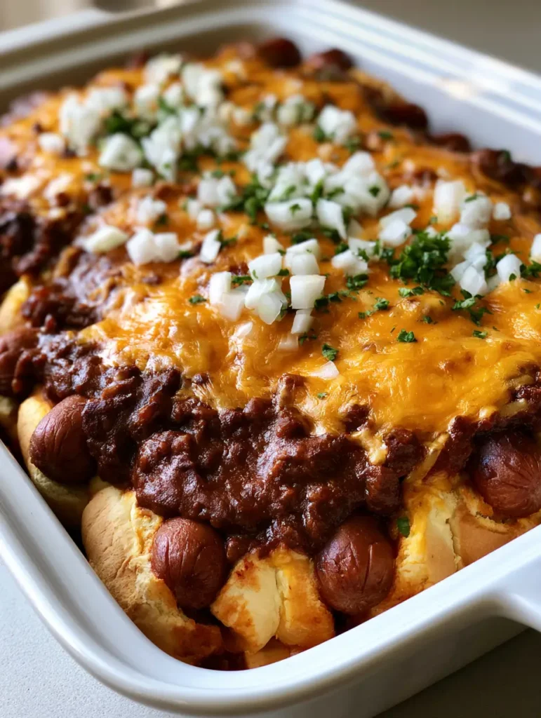 Close-up of baked beef hot dogs in buns covered in dark meat chili and bubbly orange cheddar cheese. (Easy Vacation Meals)