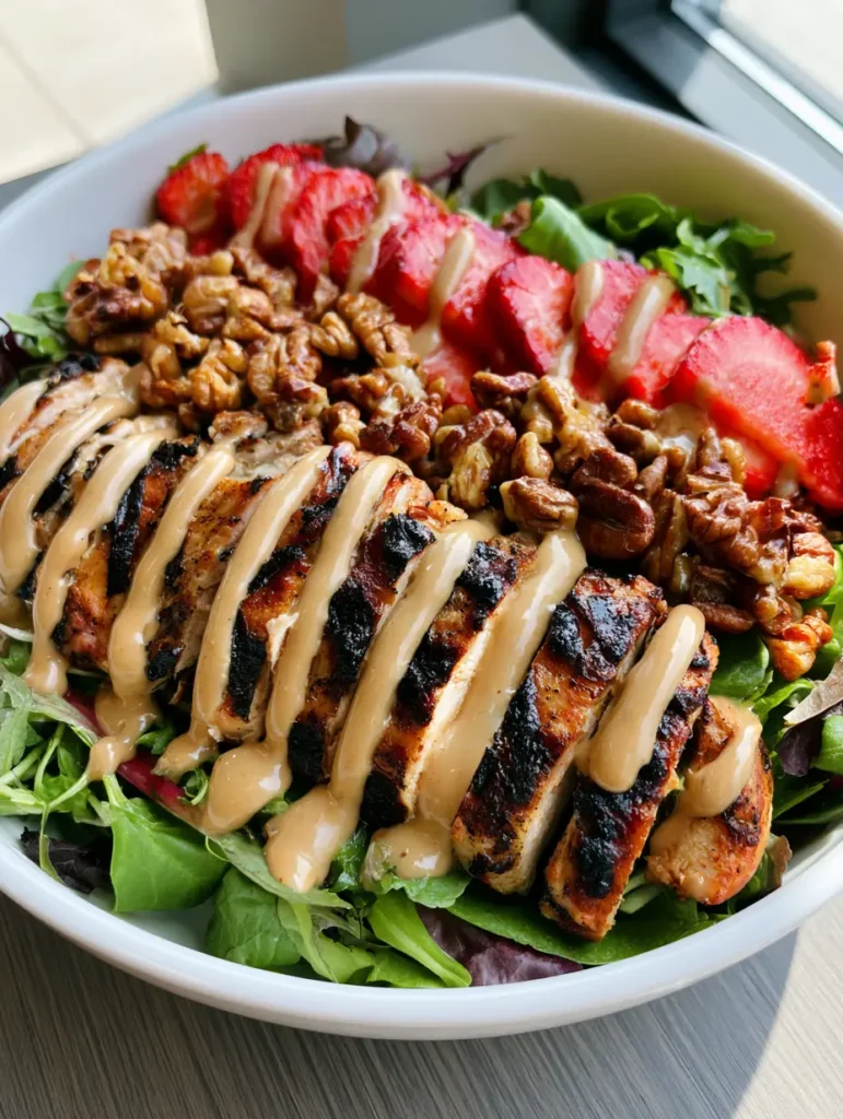 Close up of the creamy tan-colored pecan butter vinaigrette drizzled over grilled chicken and strawberries.
