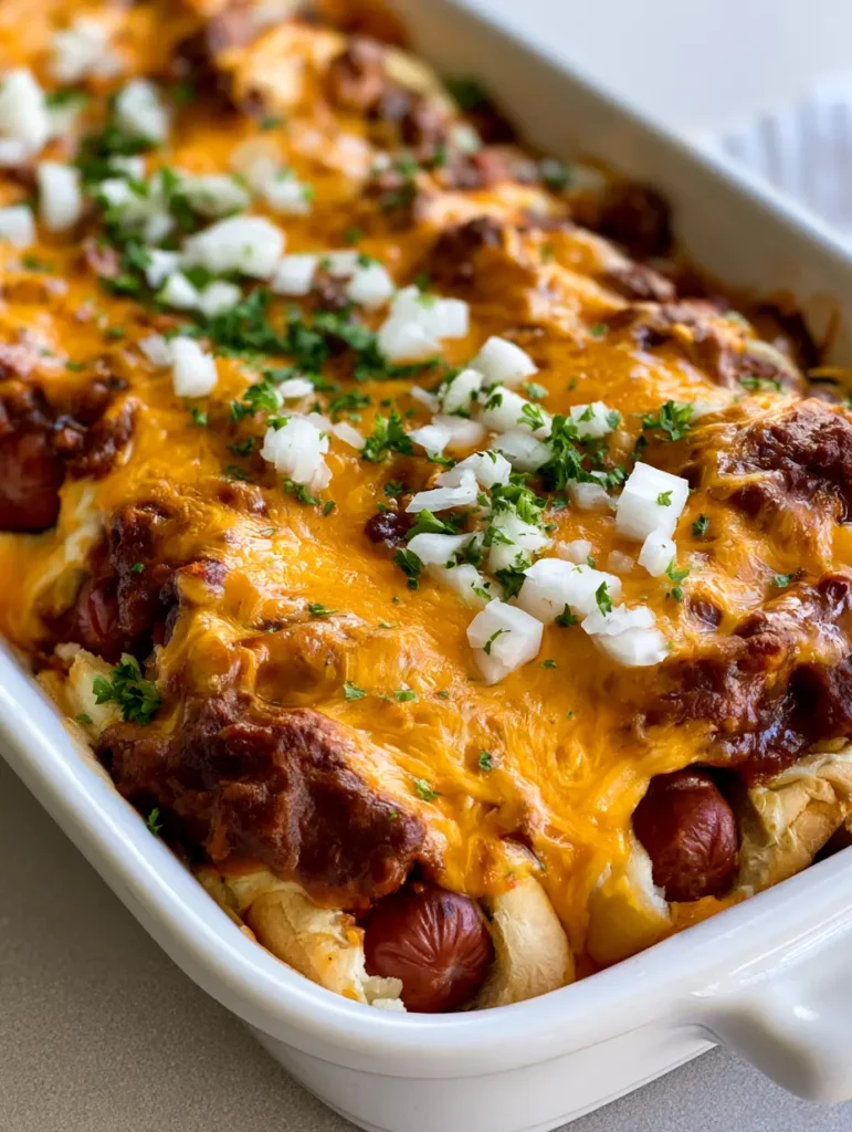Top-down view of a chili dog casserole with diced white onions and fresh parsley sprinkle.