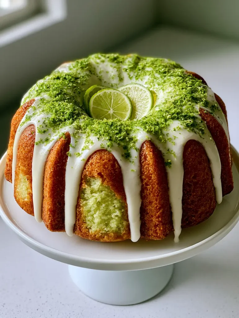 Key Lime Bundt Cake with Thick Opaque Lime Glaze 1 Close-up of Key Lime Bundt Cake showing the pale lime-green interior crumb and thick white glaze.