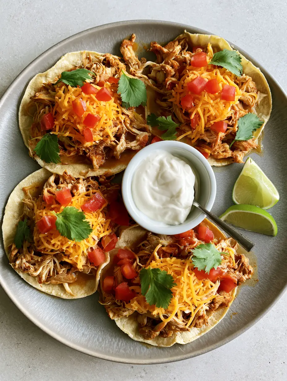 Top-down view of a grey platter with cumin shredded chicken tacos, sour cream ramekin, and lime wedges. (summer crockpot recipes)