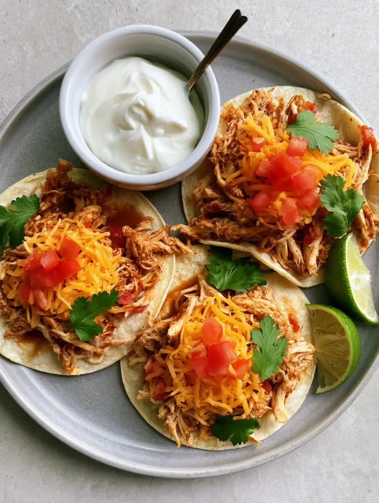 A close up of juicy shredded chicken on a corn tortilla with orange cheese and cilantro.