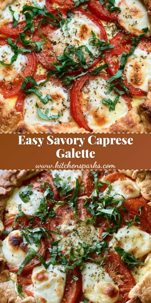 A rustic savory Caprese Galette with bubbly mozzarella, sliced tomatoes, and a golden-brown crimped crust on parchment paper.