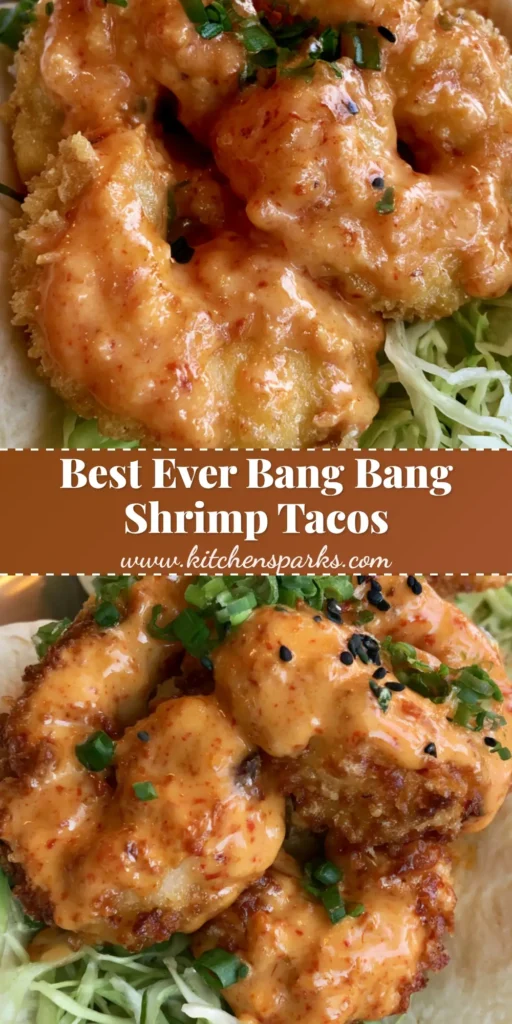 Two handheld Bang Bang Shrimp Tacos in a silver metal holder featuring crispy golden shrimp, glossy orange sauce, green cabbage, scallions, and black sesame seeds on a white flour tortilla.