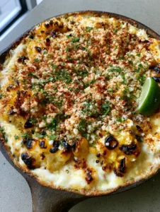 Close-up of charred corn kernels and melted cheese base in a Creamy Elote Dip.