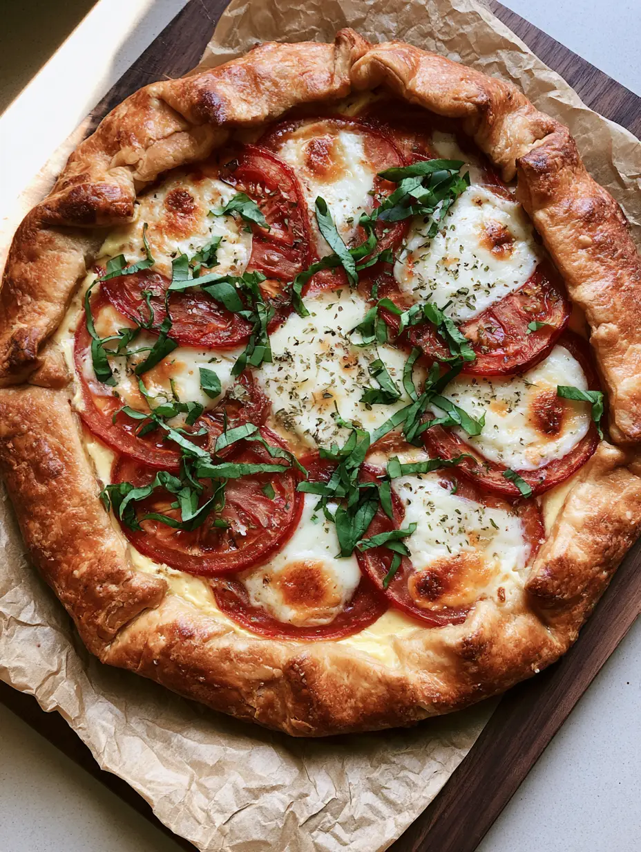 Close-up of a Caprese Galette showing overlapping tomato slices and melted fresh mozzarella with toasted spots.