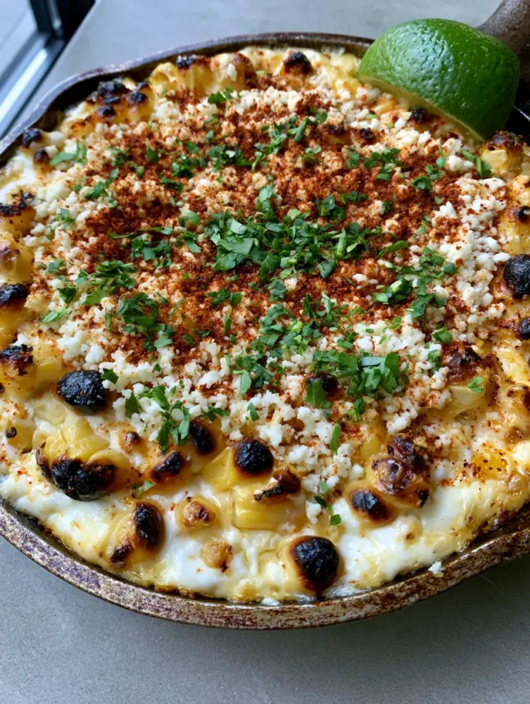 Creamy Elote Dip garnished with cilantro and chili powder in a rustic cast iron skillet.