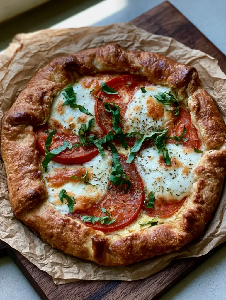 High-angle shot of a hand-crimped Caprese Galette resting on brown parchment paper on a dark wood board.