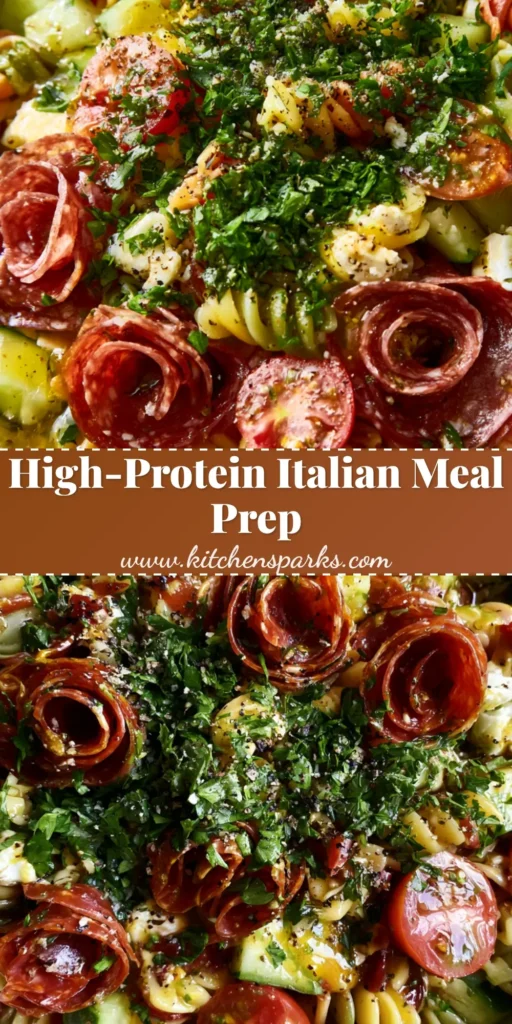 High-Protein Italian Pasta Salad with Salami and Feta 4 A vibrant High-Protein Italian Pasta Salad in a white bowl featuring tri-color rotini, salami, and feta.