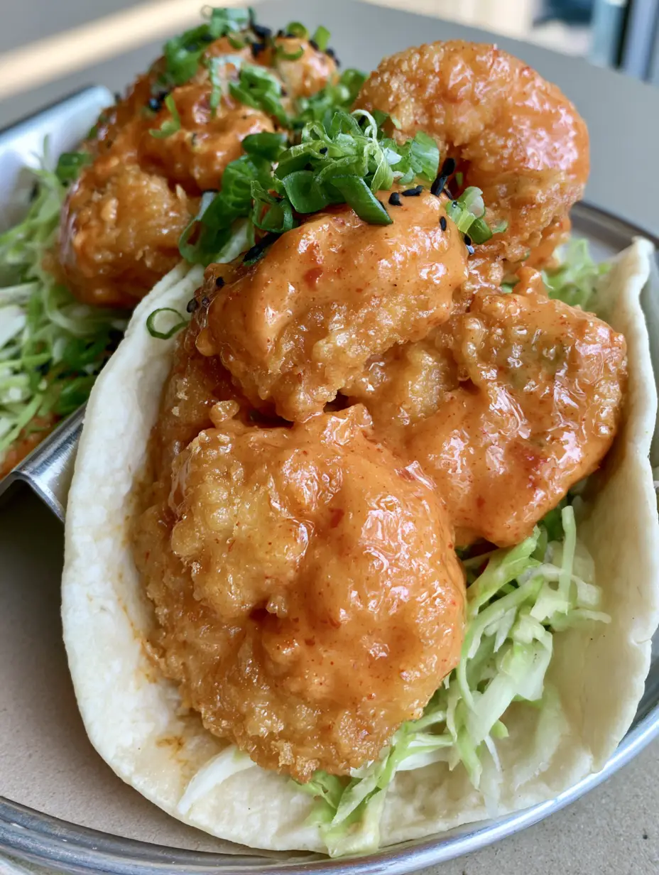 A smartphone photo of two Bang Bang Shrimp Tacos in a metal holder, showing the thick orange-pink sauce and crispy breaded shrimp garnishes.