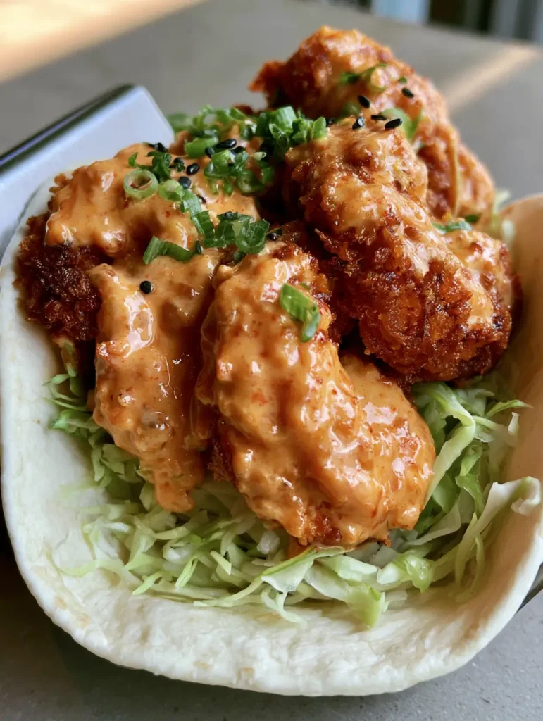 Authentic handheld photo of Bang Bang Shrimp Tacos on a neutral tabletop with soft natural lighting.