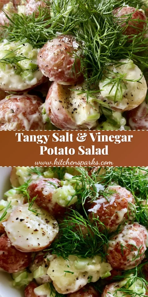 A close-up shot of salt and vinegar potato salad in a white bowl, showing red potatoes and heavy dill garnish. (Salt and Vinegar Potato Salad)