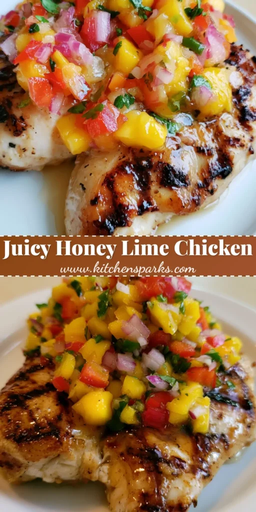 A vertical photo of grilled Honey Lime Chicken with Mango Salsa on a white plate, showcasing golden-brown grill marks and vibrant yellow mango salsa.