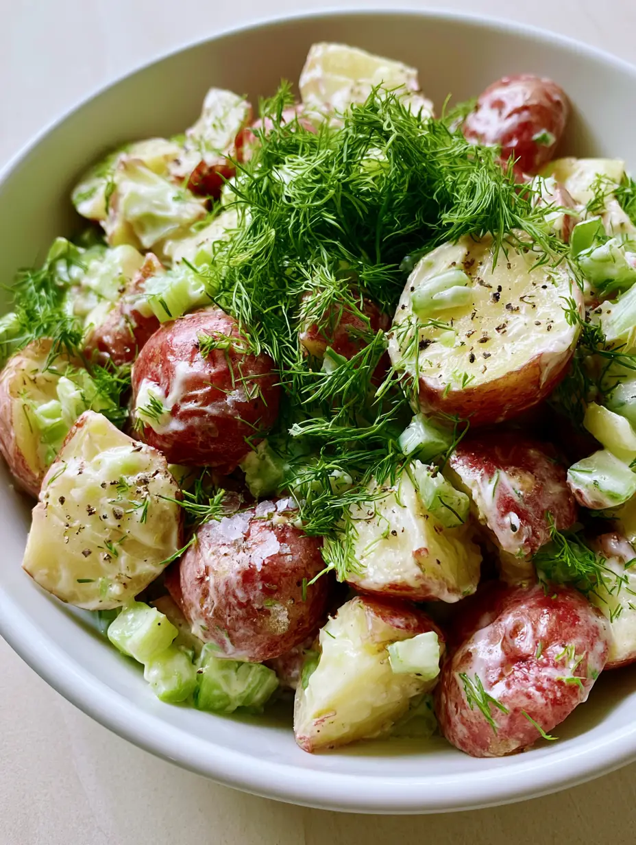 High-angle view of a white bowl filled with Salt and Vinegar Potato Salad featuring soft red potatoes and feathery dill. (Salt and Vinegar Potato Salad)