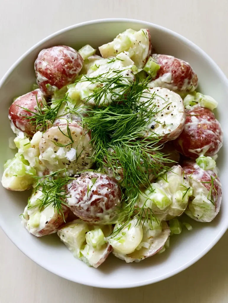 Close-up of Salt and Vinegar Potato Salad showing the texture of coarse sea salt and cracked black pepper on red-skinned potatoes.