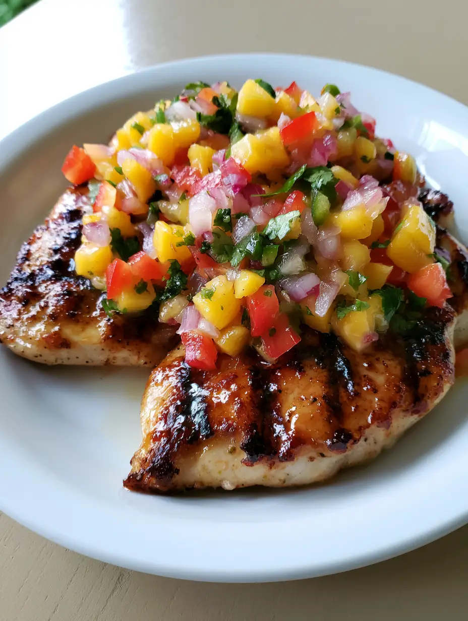 A smartphone photo of two grilled chicken breasts with char marks and glossy glaze topped with colorful mango salsa on a white plate. (Honey Lime Chicken with Mango Salsa)