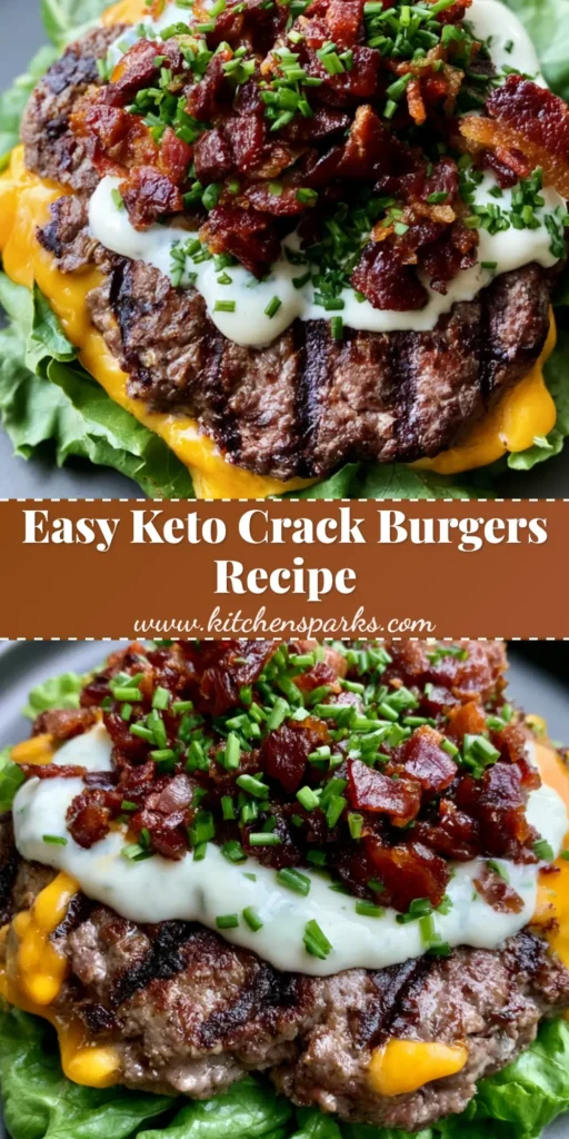 A close-up vertical shot of a Keto Crack Burger with melted cheddar, bacon bits, and ranch drizzle on a lettuce wrap, optimized for Pinterest.