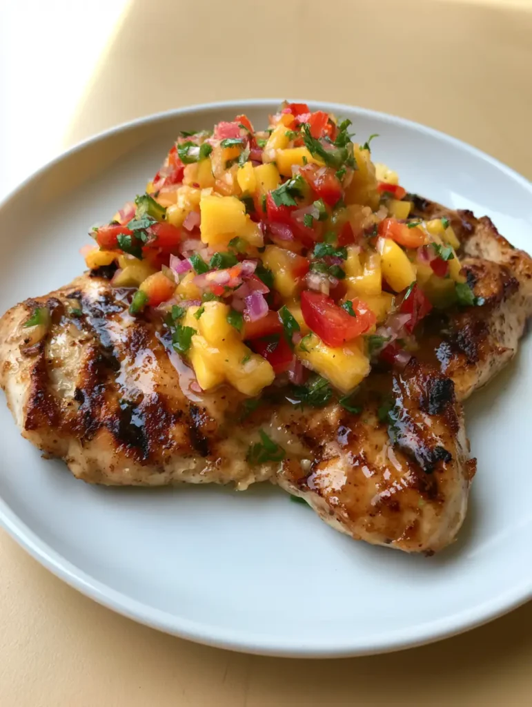 Close up of Honey Lime Chicken with Mango Salsa on a wooden table, showing translucent minced red onions and bright cilantro flakes.
