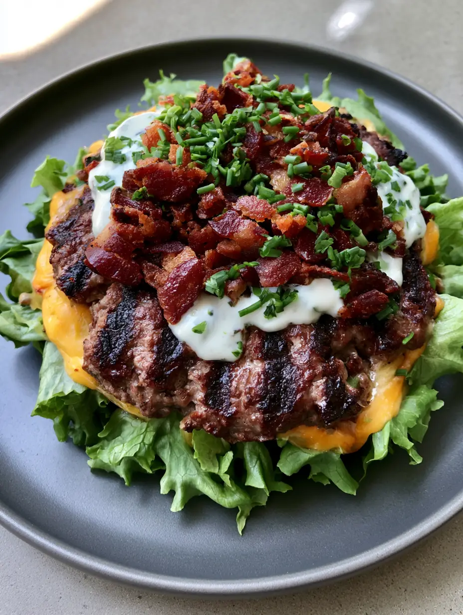 Top-down view of a juicy grilled beef patty with grill marks, melted cheddar, crispy bacon, and ranch on lettuce leaves. (Keto Crack Burgers)